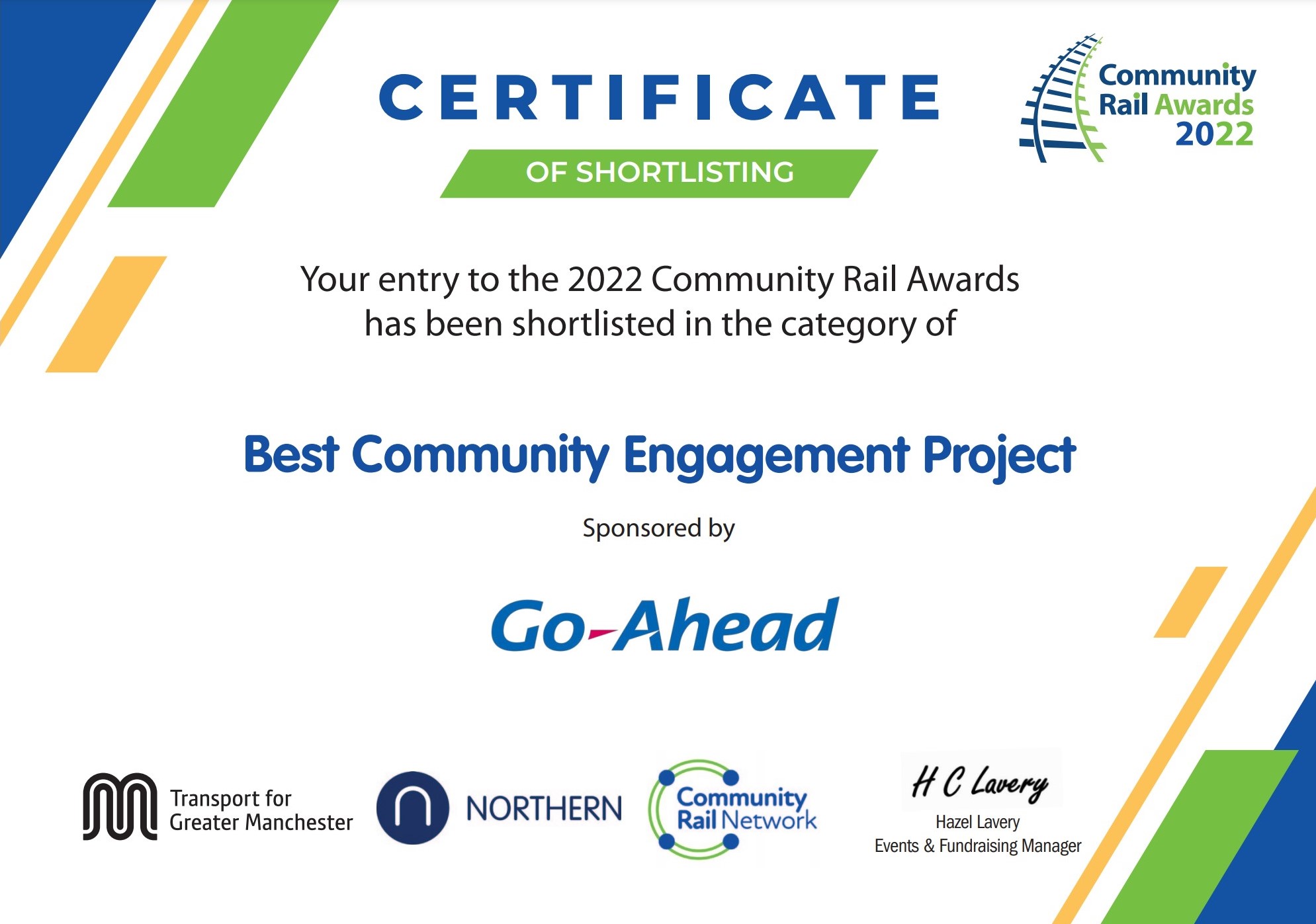 White certificate with blue writing confirming shortlisting for Best Community Engagement Project